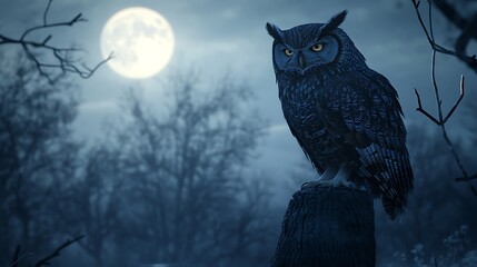 Nocturnal owl on moonlit perch