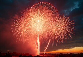 Bright Fireworks display with band music during sunset