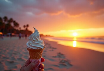 Serene Beachfront with ice cream during golden hour