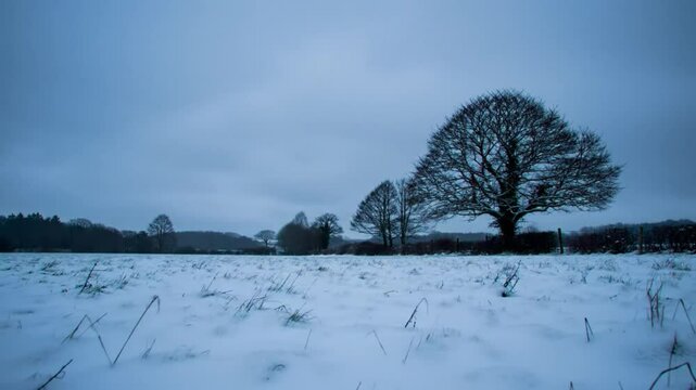 Moody winter landscape with overcast sky and snow dus