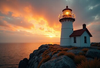 Festive Lighthouse with hiking boots during golden hour