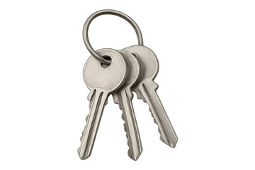 Metallic keys dangling on steel ring, symbolizing security and accessibility against clean transparent backdrop