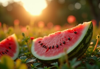 Bright Garden with watermelon during backlighting