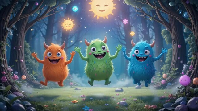 Three colorful, furry monsters happily dance in a whimsical forest setting, under smiling suns.
