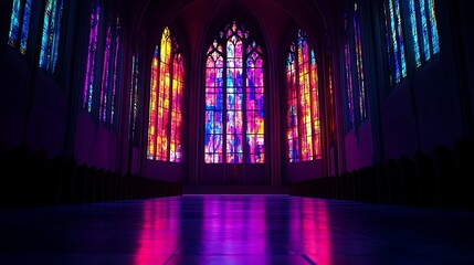 Stained glass window in dark church interior