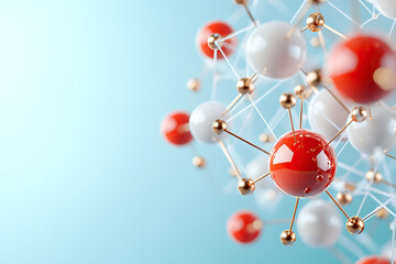 Molecular structure with red and white spheres connected by golden lines, representing scientific concepts in chemistry and physics. image conveys sense of innovation and technology
