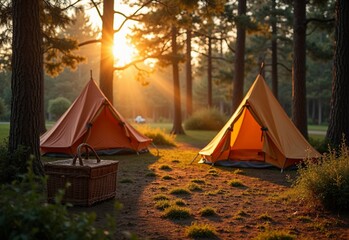 Traditional Campground with picnic baskets during projected light