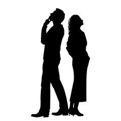 Vector silhouettes of  man and a woman, a couple standing   business people, profile, look up, black color isolated on white background