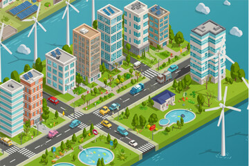 An isometric cityscape graphic showcasing a modern, sustainable community with wind turbines, solar panels, and electric vehicles.