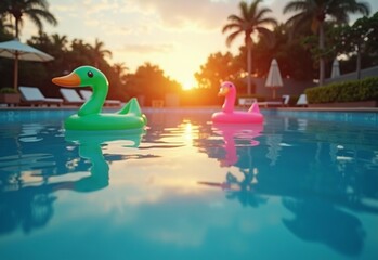 Playful Pool with inflatable pool toys during ethereal