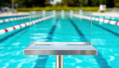 A clear podium stands beside a swimming pool with blue water and lane markers. The scene is bright and inviting, ideal for events or competitions.