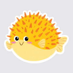 Pufferfish Cute sea animals in crayon style for stickers, icons, logos, etc.