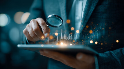 Business analyst examining digital data on a tablet with magnifying glass