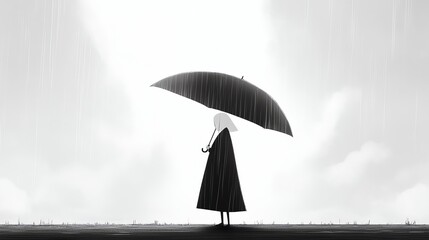 Cute drawing of a woman strolling in the rain