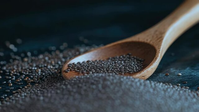 Organic sesame seeds spilled from a wooden serving spoon onto dark background, emphasizing their natural appearance and grain texture.