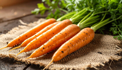 "Close-Up of Organic Carrots with Soil on Roots, Laid on Burlap Cloth &ndash; Fresh Harvest in Warm Rustic Light with Farm-to-Table Aesthetic"