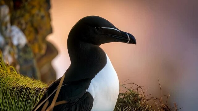 Portrait of a razorbill bird with a black head and white chest perched on a cliffside with sea grass against a light orange colored sky at dusk.