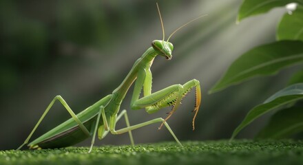 A Majestic Green Praying Mantis Stands Ready in the Sunlight Amidst Lush Greenery