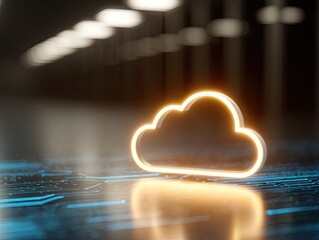 Glowing Neon Cloud on Reflective Circuit Board in Dark Server Room