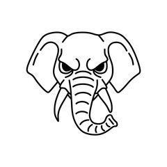 A bold black and white line vector illustration featuring an angry elephant head with protruding tusks and a powerful, menacing expression. Ideal for mascots and logos.