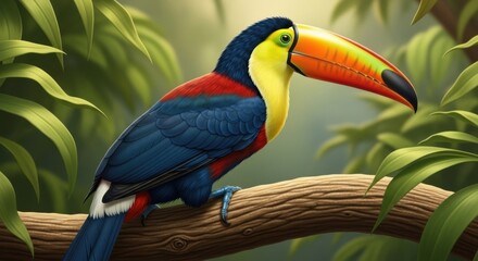 Vibrant Toucan Perched on a Branch Amidst Lush Green Foliage in a Tropical Rainforest Setting