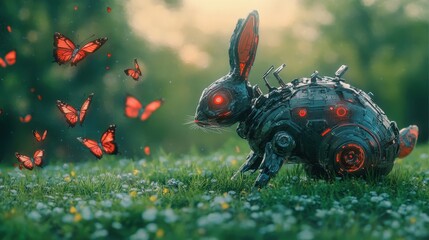 robotic rabbit chasing luminous butterflies through meadow