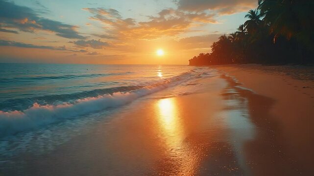 Tropical Sunset Paradise: Golden Hour Beach Waves & Palm Trees