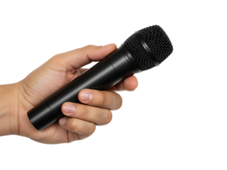 Close-up of hand holding microphone, perfect for music, podcasting, performance, interviews, or broadcasting themes. Isolated on transparent background for easy creative use.