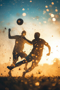 Silhouetted Soccer Players Battling for the Ball A Dynamic Sports Scene in Golden Light