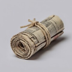 rolled newspaper tied string isolated