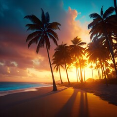 Tropical Beach Sunset with Silhouetted Palm Trees and Vibrant Ocean Reflections