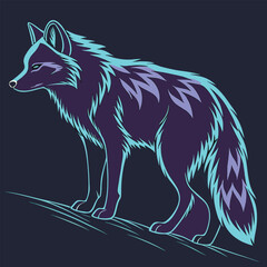 Fototapeta premium Illustration of a wolf standing with neon blue outline and purple accents on a dark background