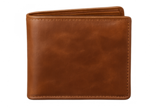 Classic brown leather wallet closed, isolated on transparent background, ideal for finance and business concepts