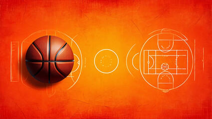 Basketball court diagram with ball on orange background strategy