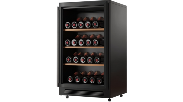 Modern wine fridge cooler appliance for beverage storage on white background
