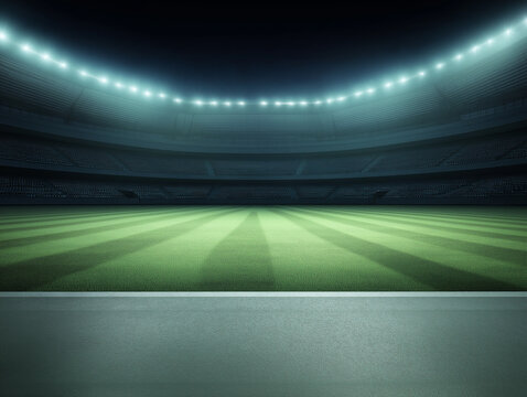 Vibrant Night Scene Empty Stadium with Dramatic Lighting and Lush Green Field for Sports or Events - Powered by Adobe