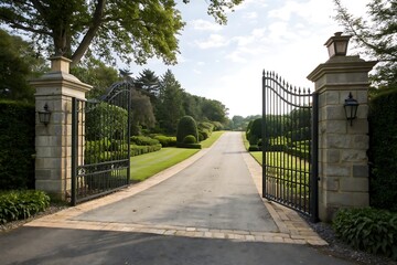 Elegant Black Metal Gate Entrance to a Luxurious Estate with Stone Pillars and Landscaped Driveway