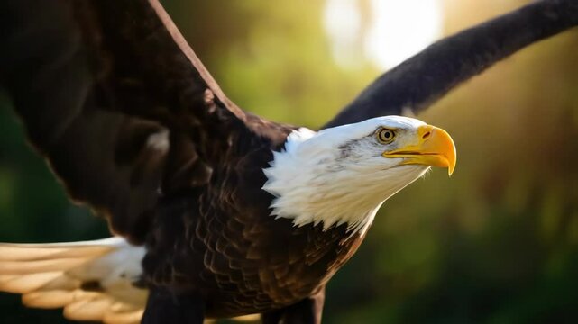 Bald eagle soaring with outspread wings, sun-kissed forest background