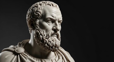 Obraz premium Statue of Stoic Philosopher Epictetus Against Dark Background – Ancient Wisdom and Classical Philosophy Concept