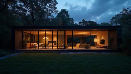 Modern Glass House at Night with Warm Interior Lighting Surrounded by Forest