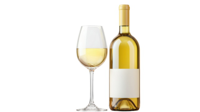 White wine bottle and glass set with elegant presentation for beverage mockup on white background