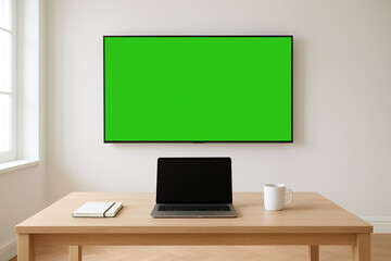 Modern minimalist desk in a bright room, perfect for remote work, with a laptop and big screen.