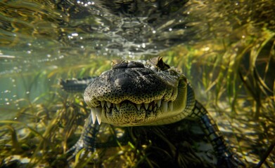 Fototapeta premium Underwater portrait of a menacing caiman with prominent teeth and textured skin