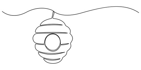 Beehive continuous one line art drawing, Continuous one line drawing of honeycomb. One line drawing illustration of hanging bee hive. Natural healthy food concept single line. Editable outline pro.
