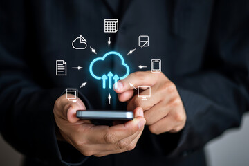 Cloud Storage and File Sharing Concept on Smartphone with Digital Upload Icons and Data Management Interface
