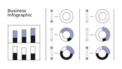 Minimal business infographic with bar charts and pie diagrams in flat design style for data analysis and presentation
