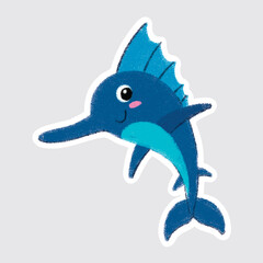 Swordfish Cute sea animals in crayon style for stickers, icons, logos, etc.