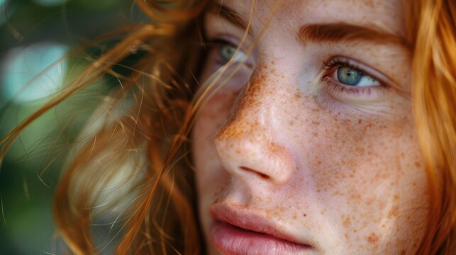 selective focus of an attractive redhead woman with fleckles