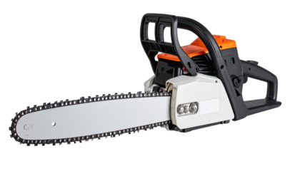 Modern motor chainsaw shown from the front side 