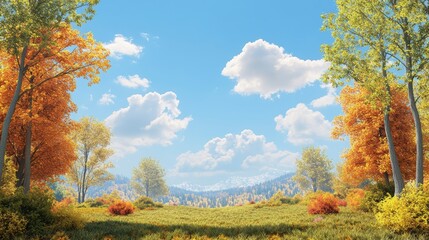 Obraz premium Sunny autumn landscape with colorful trees, green grass, and blue sky.